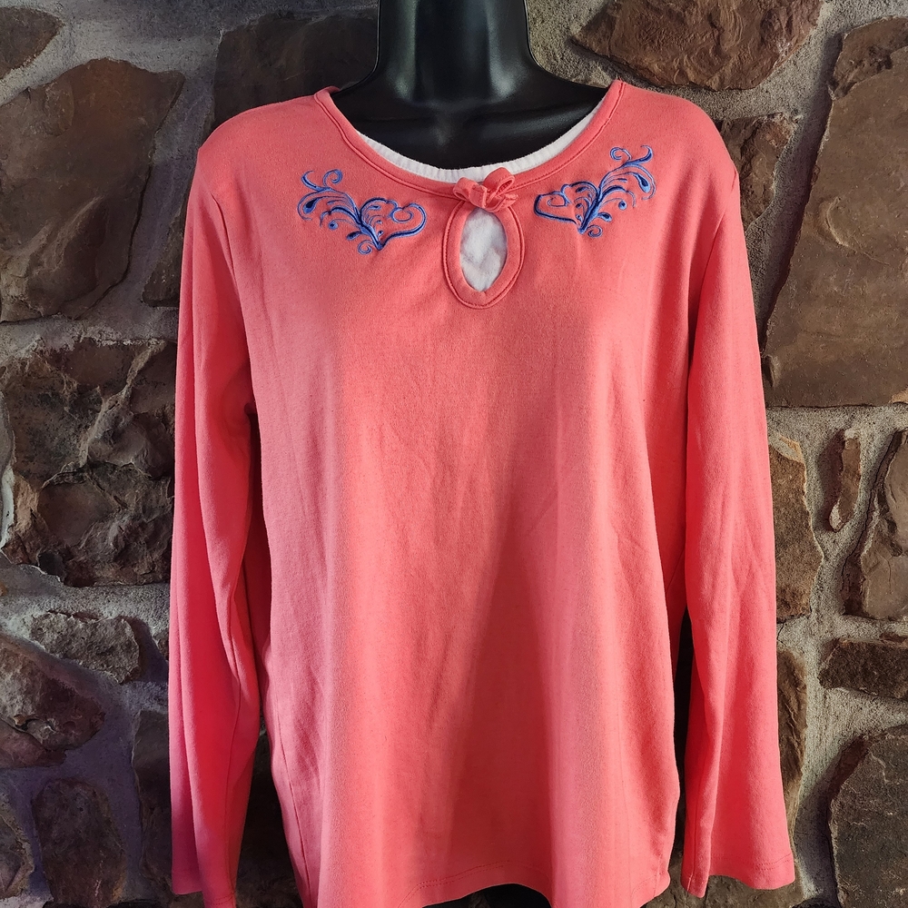 Women's Coral Long-Sleeve Top with Blue Embroidery